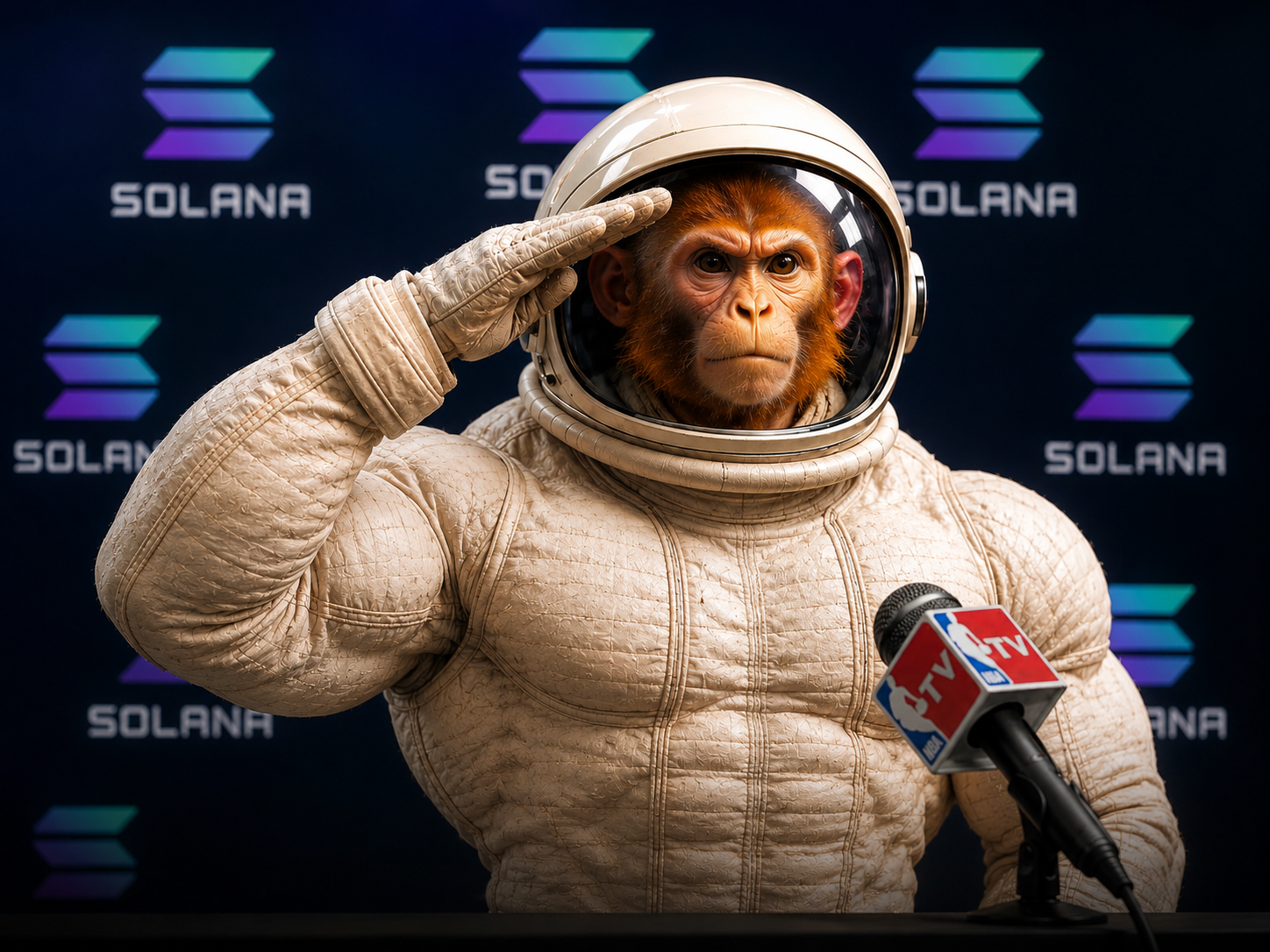 Astronaut monkey saluting at a Solana press conference
