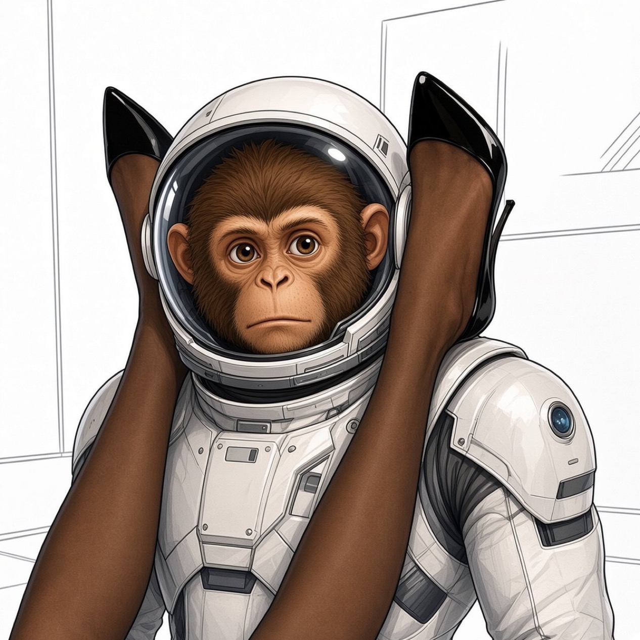 Astronaut monkey posing in an illustrated studio