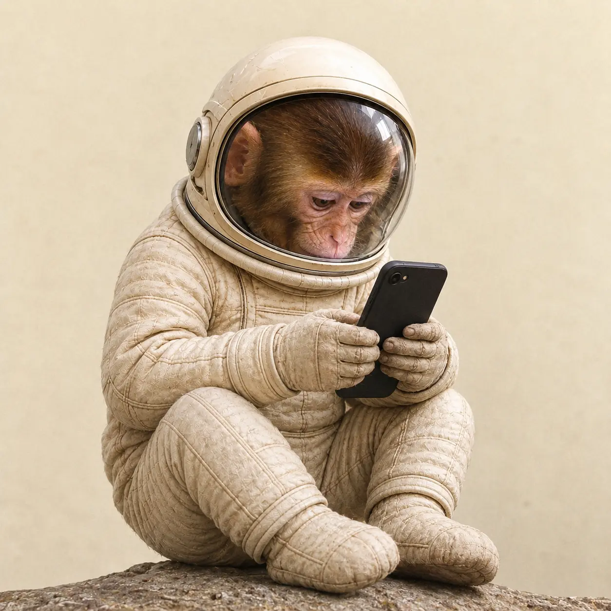 Astronaut monkey sitting and checking the chart on a phone
