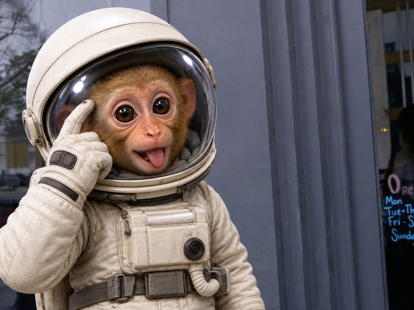 Astronaut monkey making a playful thinking gesture