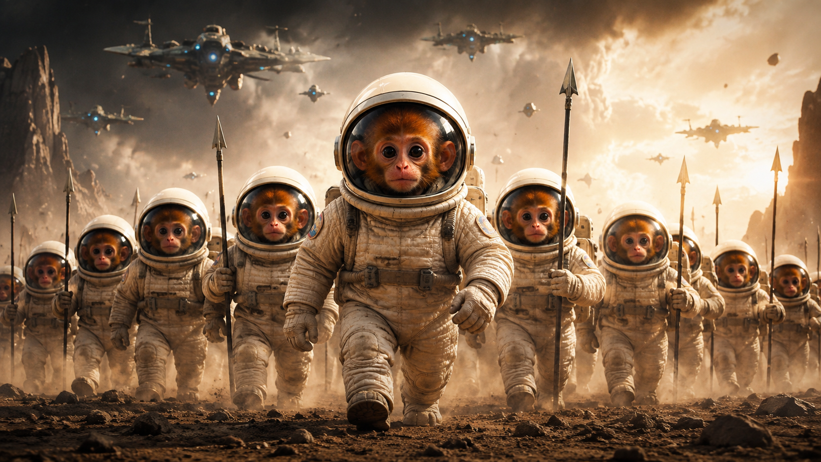 Army of astronaut monkeys marching with spears