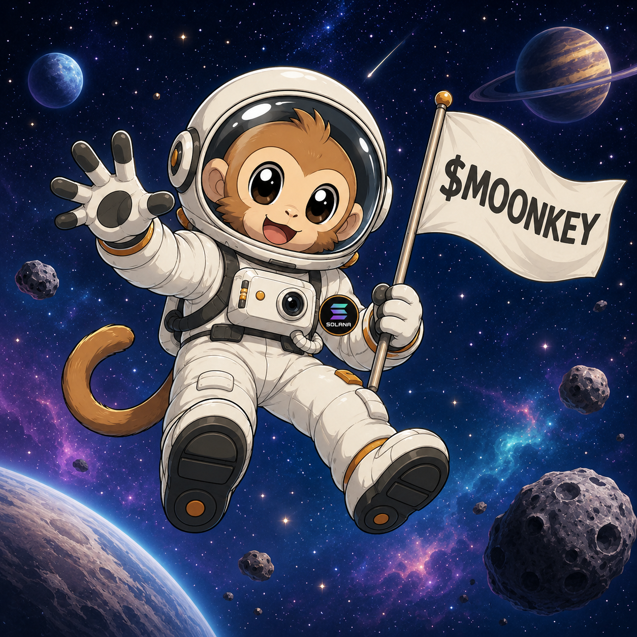 Anime astronaut monkey carrying the $MOONKEY flag