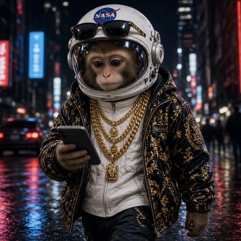 Astronaut monkey with gold chains in a neon city