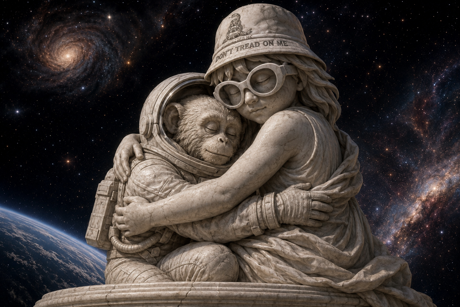 Marble statue of an astronaut monkey embracing a friend in space