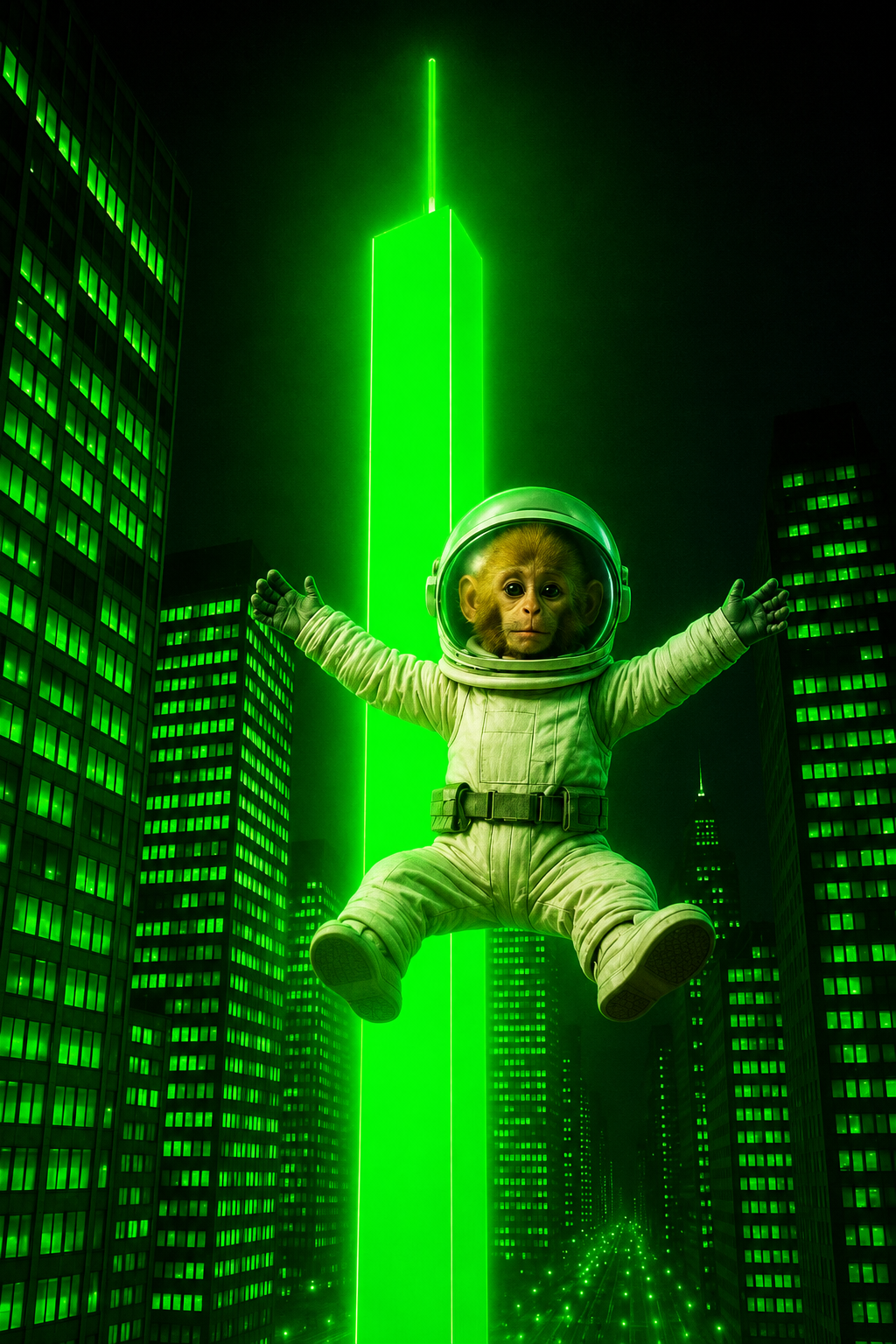 Astronaut monkey floating through a neon green city