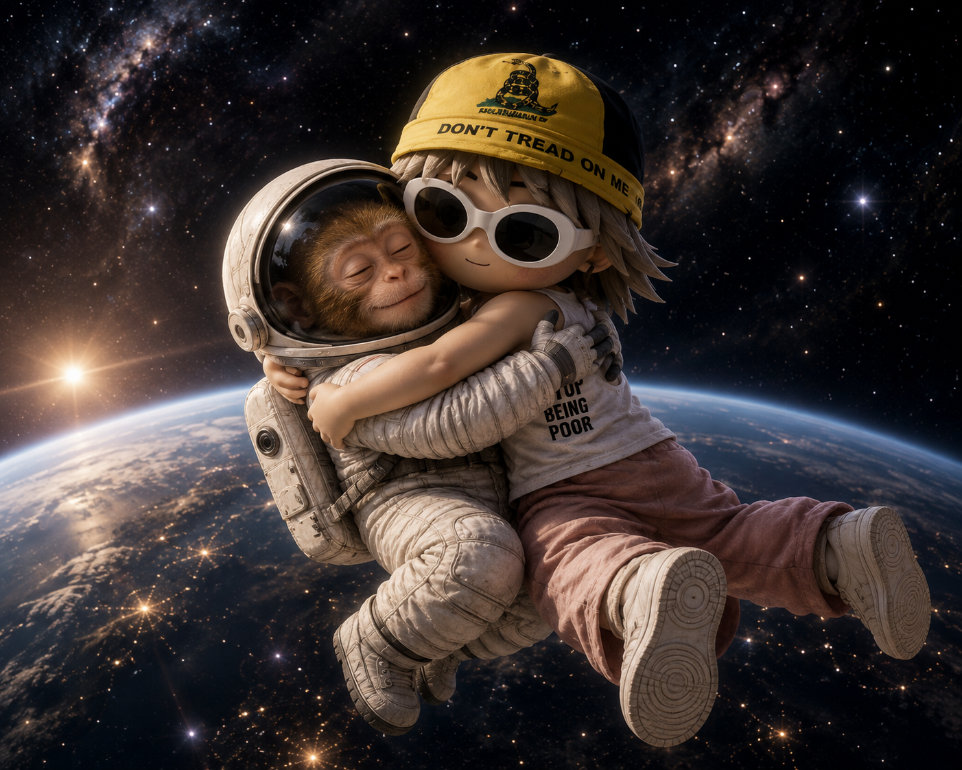Astronaut monkey hugging a character in orbit